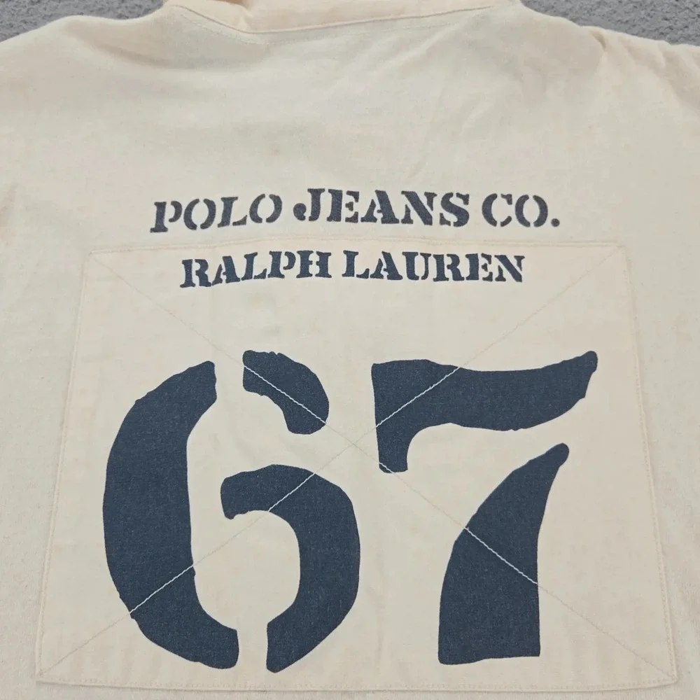 Ralph Lauren Polo Jeans Shirt Mens XL Tan‎ Vintage Large Print 67 Spellout Y2K